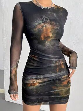 Mesh Ruched Bodycon Long Sleeve Galaxy Dress